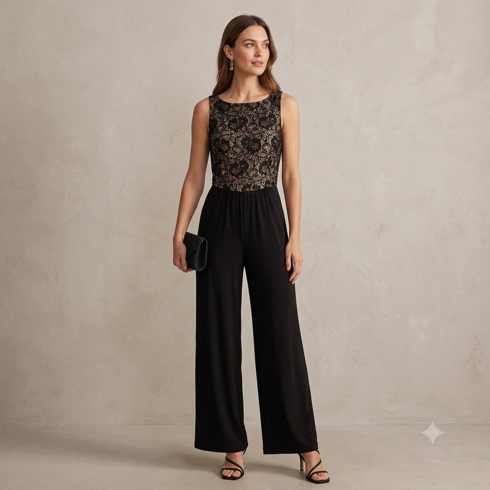 Calvin Klein Jumpsuit Women Black Stretch Lace Top Wide Leg Size 6